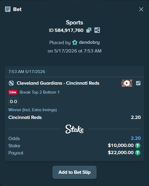 Bet slip: Cleveland Guardians - Cincinnati Reds, $10,000.00 stake at 2.20 odds, placed by dendobry