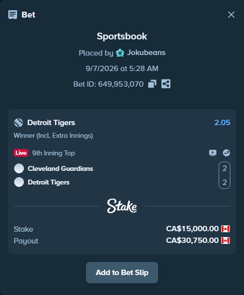 Bet slip: Cleveland Guardians - Detroit Tigers, $11,100.00 stake at 2.05 odds, placed by Jokubeans