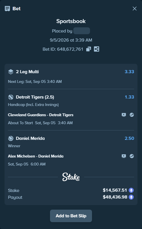 Bet slip: Cleveland Guardians - Detroit Tigers, $14,620.37 stake at 1.33 odds, placed by Jokubeans