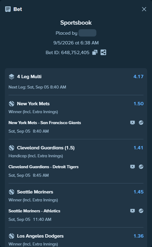 Bet slip: Cleveland Guardians - Detroit Tigers, $43,158.86 stake at 1.41 odds, placed by 12quant