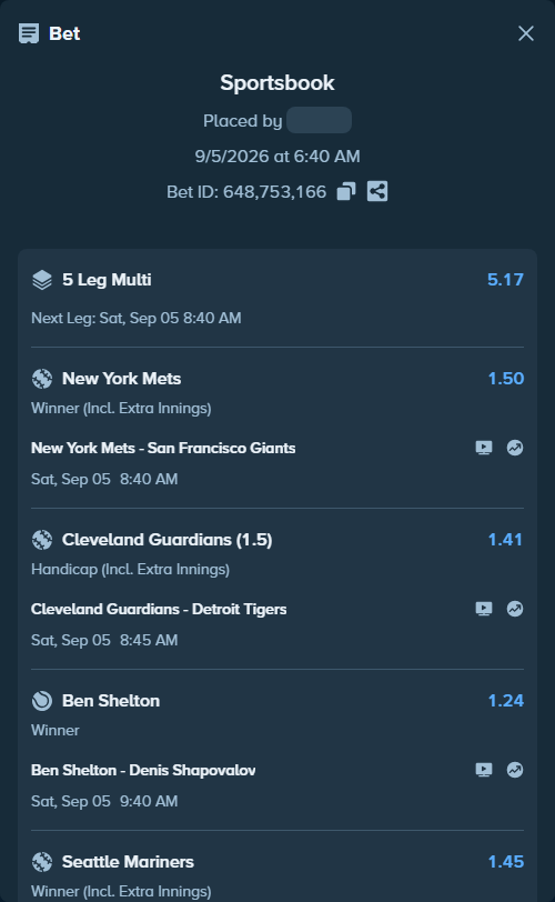 Bet slip: Cleveland Guardians - Detroit Tigers, $45,009.48 stake at 1.41 odds, placed by 12quant
