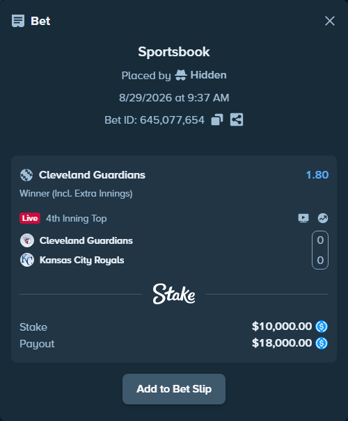 Bet slip: Cleveland Guardians - Kansas City Royals, $10,000.00 stake at 1.80 odds, placed by Hidden