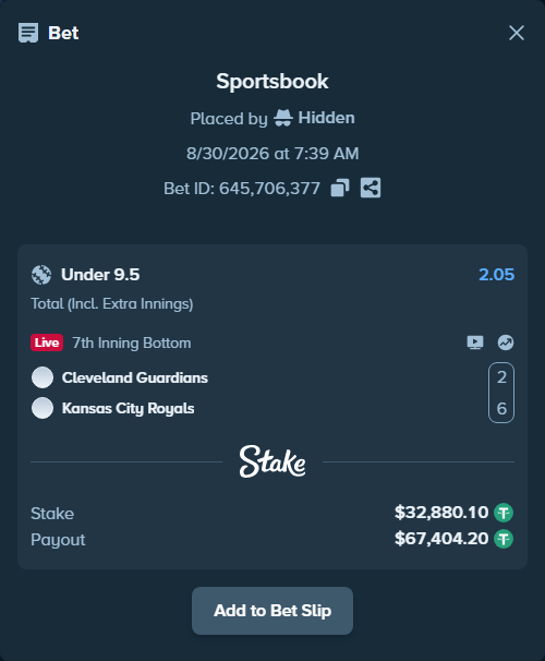 Bet slip: Cleveland Guardians - Kansas City Royals, $32,880.10 stake at 2.05 odds, placed by Hidden