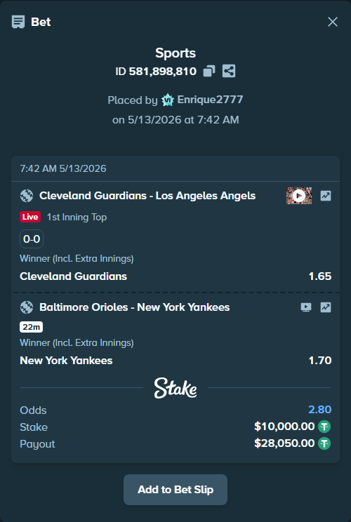 Bet slip: Cleveland Guardians - Los Angeles Angels, $10,000.00 stake at 1.65 odds, placed by Enrique2777