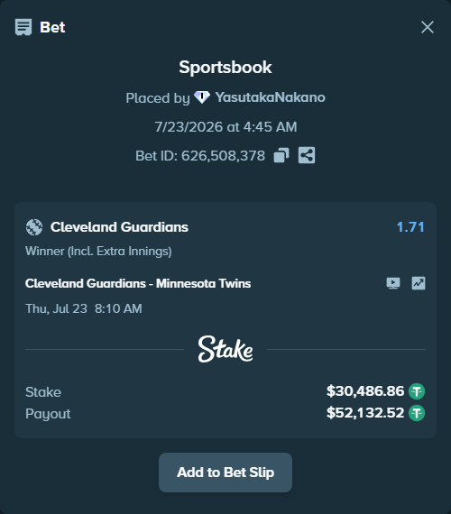 Bet slip: Cleveland Guardians - Minnesota Twins, $30,517.34 stake at 1.71 odds, placed by YasutakaNakano