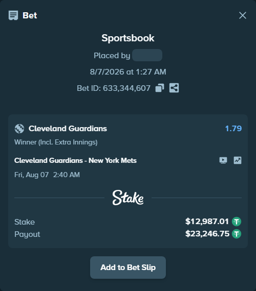 Bet slip: Cleveland Guardians - New York Mets, $13,000.00 stake at 1.79 odds, placed by Pepi1968
