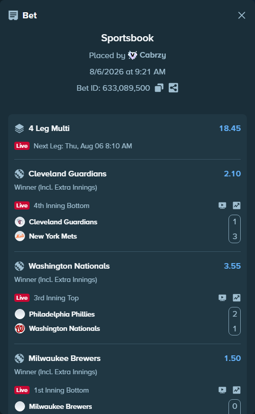 Bet slip: Cleveland Guardians - New York Mets, $25,000.00 stake at 2.10 odds, placed by Cabrzy