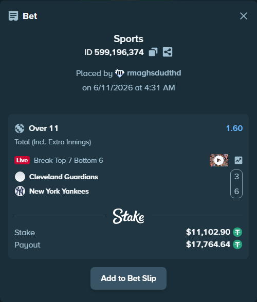 Bet slip: Cleveland Guardians - New York Yankees, $11,114.00 stake at 1.60 odds, placed by rmaghsdudthd