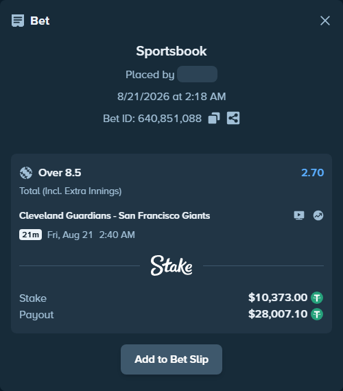Bet slip: Cleveland Guardians - San Francisco Giants, $10,373.00 stake at 2.70 odds, placed by artur58500