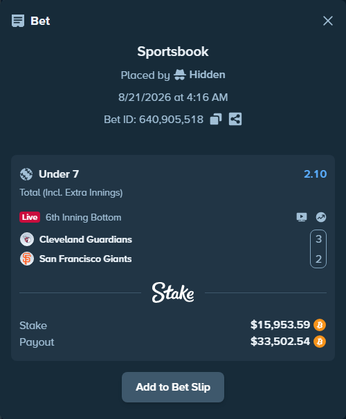 Bet slip: Cleveland Guardians - San Francisco Giants, $16,452.48 stake at 2.10 odds, placed by Hidden
