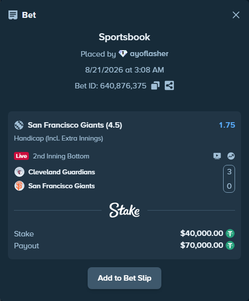 Bet slip: Cleveland Guardians - San Francisco Giants, $40,000.00 stake at 1.75 odds, placed by ayoflasher