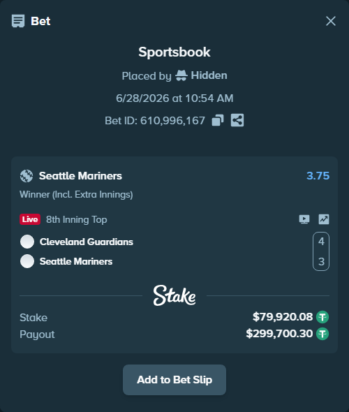 Bet slip: Cleveland Guardians - Seattle Mariners, $80,000.00 stake at 3.75 odds, placed by Hidden