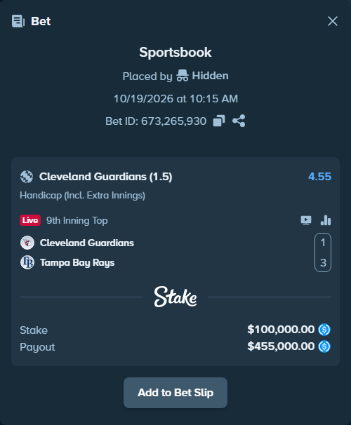 Bet slip: Cleveland Guardians - Tampa Bay Rays, $100,000.00 stake at 4.55 odds, placed by Hidden