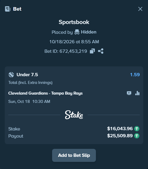 Bet slip: Cleveland Guardians - Tampa Bay Rays, $16,060.00 stake at 1.59 odds, placed by unhingedking