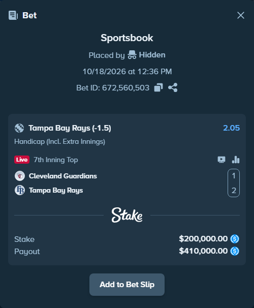 Bet slip: Cleveland Guardians - Tampa Bay Rays, $200,000.00 stake at 2.05 odds, placed by Hidden