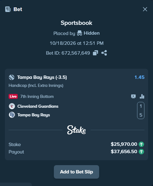 Bet slip: Cleveland Guardians - Tampa Bay Rays, $25,995.97 stake at 1.45 odds, placed by Hidden