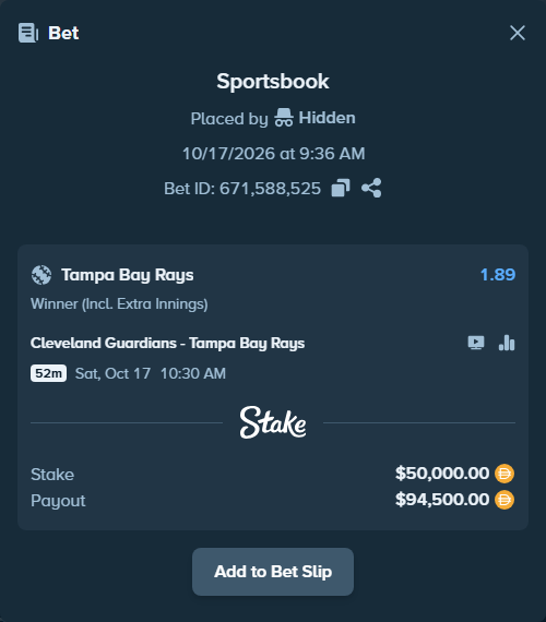 Bet slip: Cleveland Guardians - Tampa Bay Rays, $50,000.00 stake at 1.89 odds, placed by MrBerry123