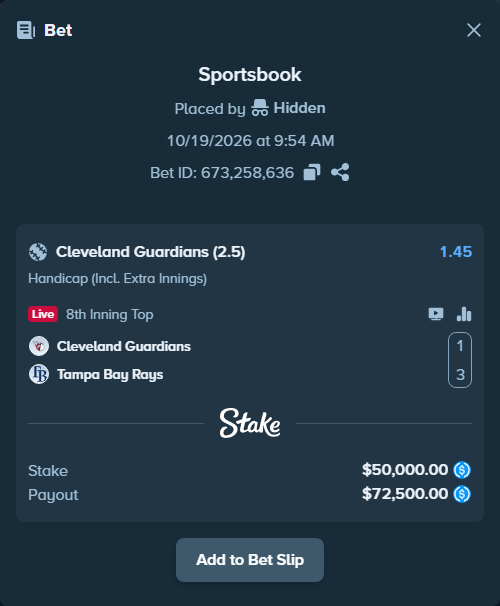 Bet slip: Cleveland Guardians - Tampa Bay Rays, $50,000.00 stake at 1.45 odds, placed by Hidden