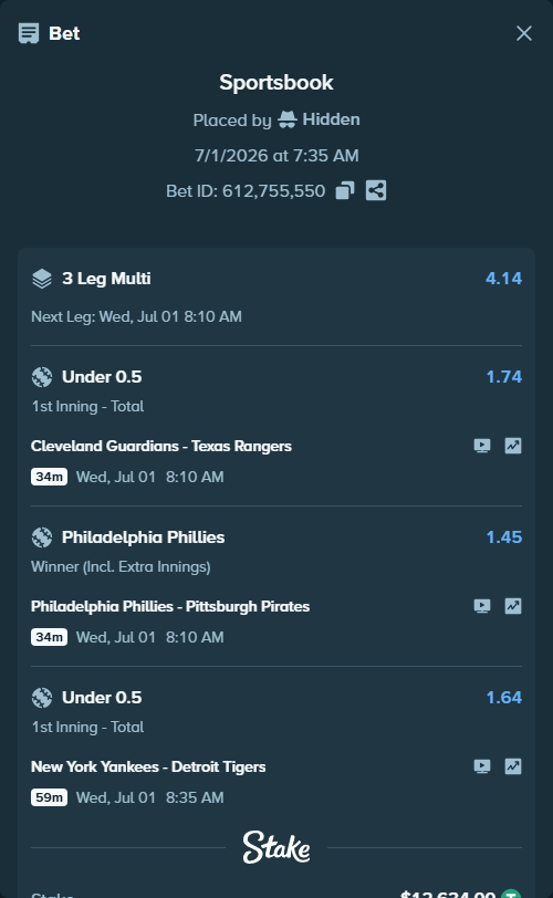Bet slip: Cleveland Guardians - Texas Rangers, $12,646.63 stake at 1.74 odds, placed by Hidden