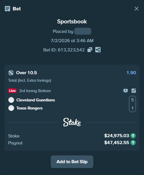 Bet slip: Cleveland Guardians - Texas Rangers, $25,000.00 stake at 1.90 odds, placed by ayoflasher