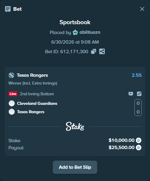 Bet slip: Cleveland Guardians - Texas Rangers, $10,870.45 stake at 2.55 odds, placed by abiltiuszn
