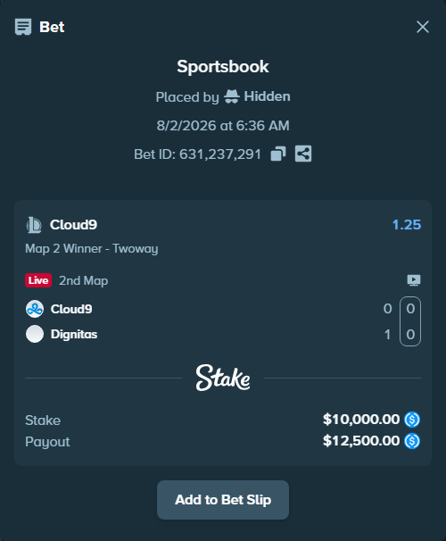 Bet slip: Cloud9 - Dignitas, $10,000.00 stake at 1.25 odds, placed by Hidden