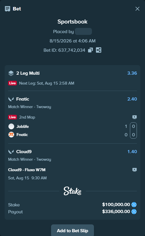 Bet slip: Cloud9 - Fluxo W7M, $100,000.00 stake at 1.40 odds, placed by Cabrzy