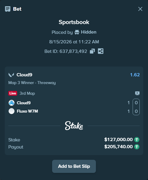 Bet slip: Cloud9 - Fluxo W7M, $127,127.00 stake at 1.62 odds, placed by Hidden