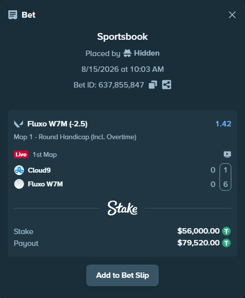 Bet slip: Cloud9 - Fluxo W7M, $56,056.00 stake at 1.42 odds, placed by Hidden