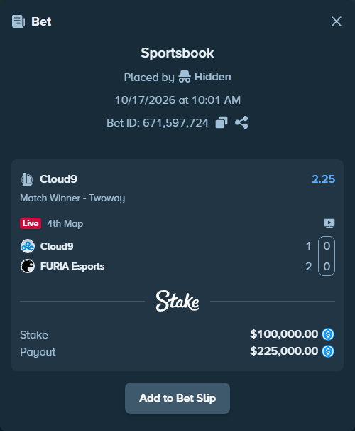 Bet slip: Cloud9 - FURIA Esports, $100,000.00 stake at 2.25 odds, placed by Hidden