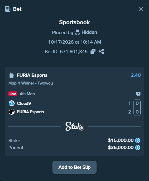 Bet slip: Cloud9 - FURIA Esports, $15,000.00 stake at 2.40 odds, placed by Hidden