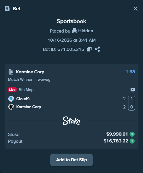 Bet slip: Cloud9 - Karmine Corp, $10,000.00 stake at 1.68 odds, placed by DimaVrub