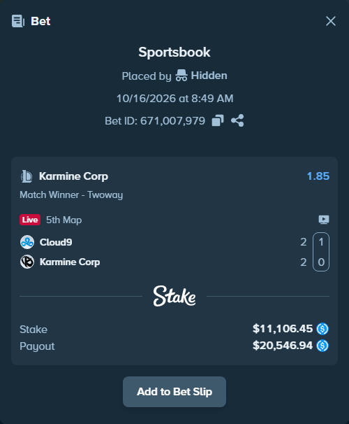 Bet slip: Cloud9 - Karmine Corp, $11,106.45 stake at 1.85 odds, placed by dumanskyi