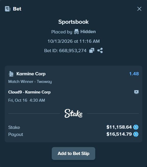 Bet slip: Cloud9 - Karmine Corp, $11,158.64 stake at 1.48 odds, placed by Taour1030