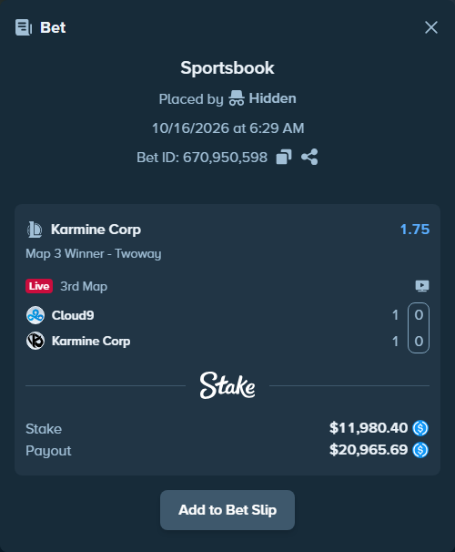 Bet slip: Cloud9 - Karmine Corp, $11,980.40 stake at 1.75 odds, placed by KilkaRaz