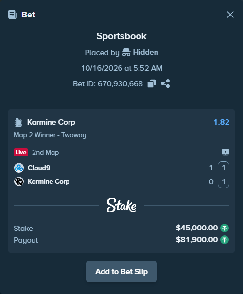 Bet slip: Cloud9 - Karmine Corp, $45,045.00 stake at 1.82 odds, placed by Mwillalwayswin