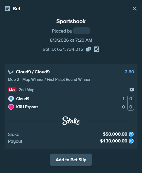 Bet slip: Cloud9 - KRÜ Esports, $50,000.00 stake at 2.60 odds, placed by Cabrzy