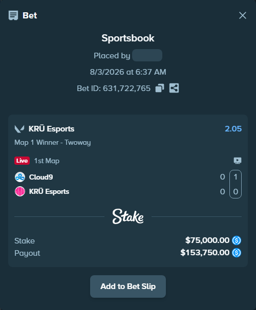 Bet slip: Cloud9 - KRÜ Esports, $75,000.00 stake at 2.05 odds, placed by Cabrzy