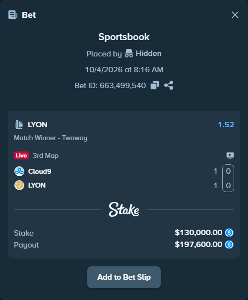 Bet slip: Cloud9 - LYON, $130,000.00 stake at 1.52 odds, placed by Hidden