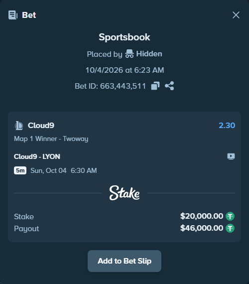 Bet slip: Cloud9 - LYON, $20,000.00 stake at 2.30 odds, placed by 도다리