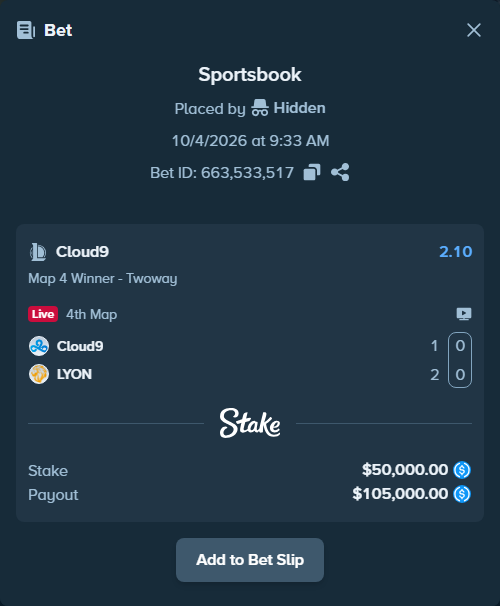 Bet slip: Cloud9 - LYON, $50,000.00 stake at 2.10 odds, placed by Hidden