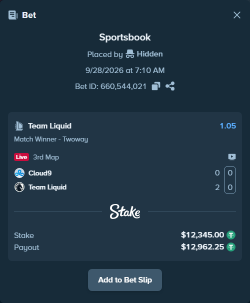 Bet slip: Cloud9 - Team Liquid, $12,345.00 stake at 1.05 odds, placed by didong0