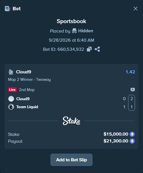 Bet slip: Cloud9 - Team Liquid, $14,950.26 stake at 1.42 odds, placed by Hidden
