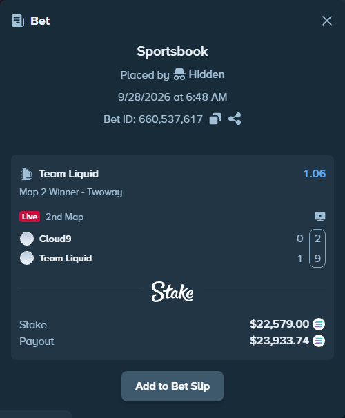 Bet slip: Cloud9 - Team Liquid, $22,354.75 stake at 1.06 odds, placed by Hidden