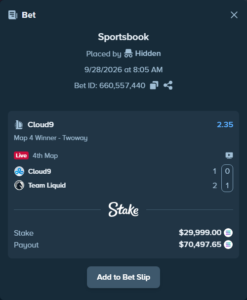 Bet slip: Cloud9 - Team Liquid, $30,129.71 stake at 2.35 odds, placed by Hidden