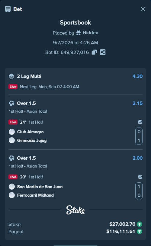 Bet slip: Club Almagro - Gimnasia y Esgrima de Jujuy, $27,000.00 stake at 2.15 odds, placed by Hidden
