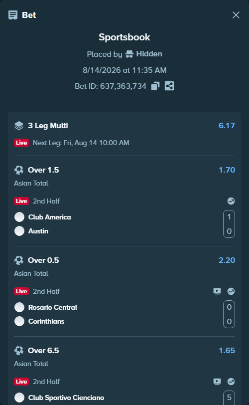 Bet slip: Club America - Austin, $11,374.50 stake at 1.70 odds, placed by Hidden