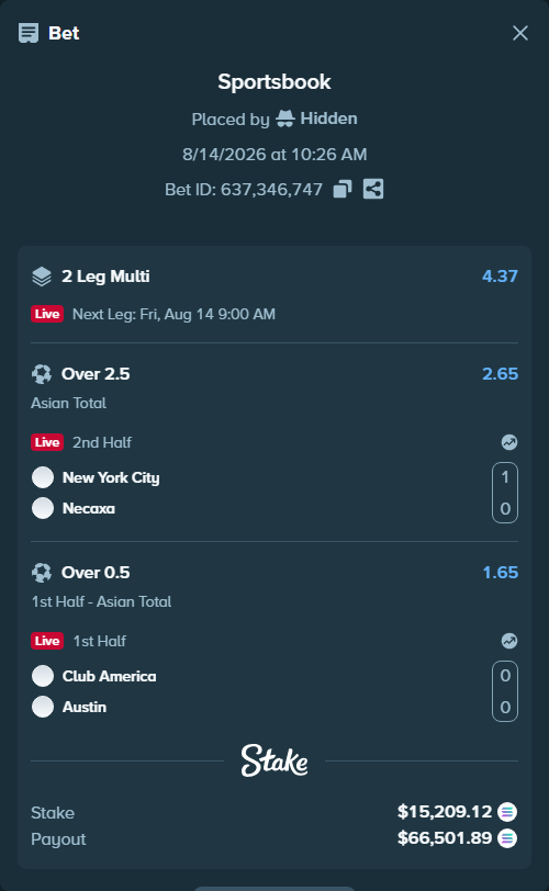 Bet slip: Club America - Austin, $15,206.00 stake at 1.65 odds, placed by Hidden