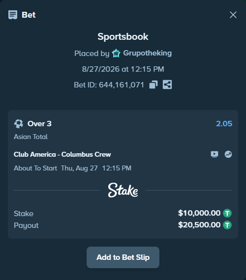 Bet slip: Club America - Columbus Crew, $10,000.00 stake at 2.05 odds, placed by Grupotheking