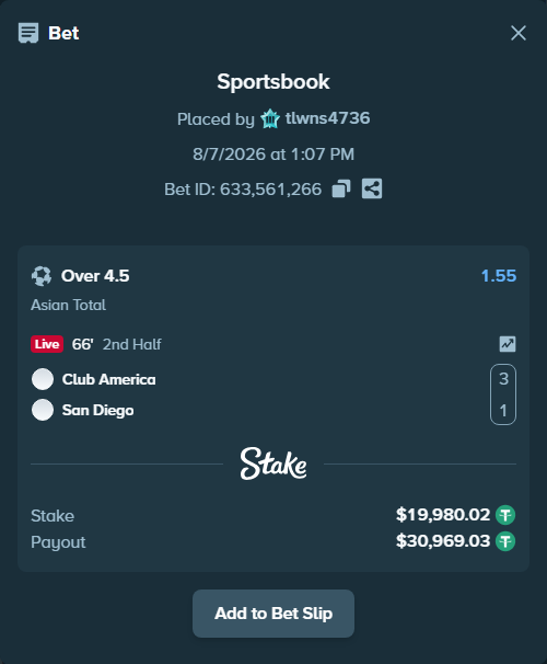 Bet slip: Club America - San Diego, $20,000.00 stake at 1.55 odds, placed by tlwns4736